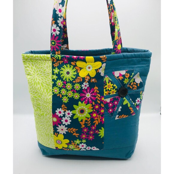 Basic Lizbet Library Market Tote Bag,Teal Yellow Florals 12x13.5x3" With Pockets - Picture 1 of 5